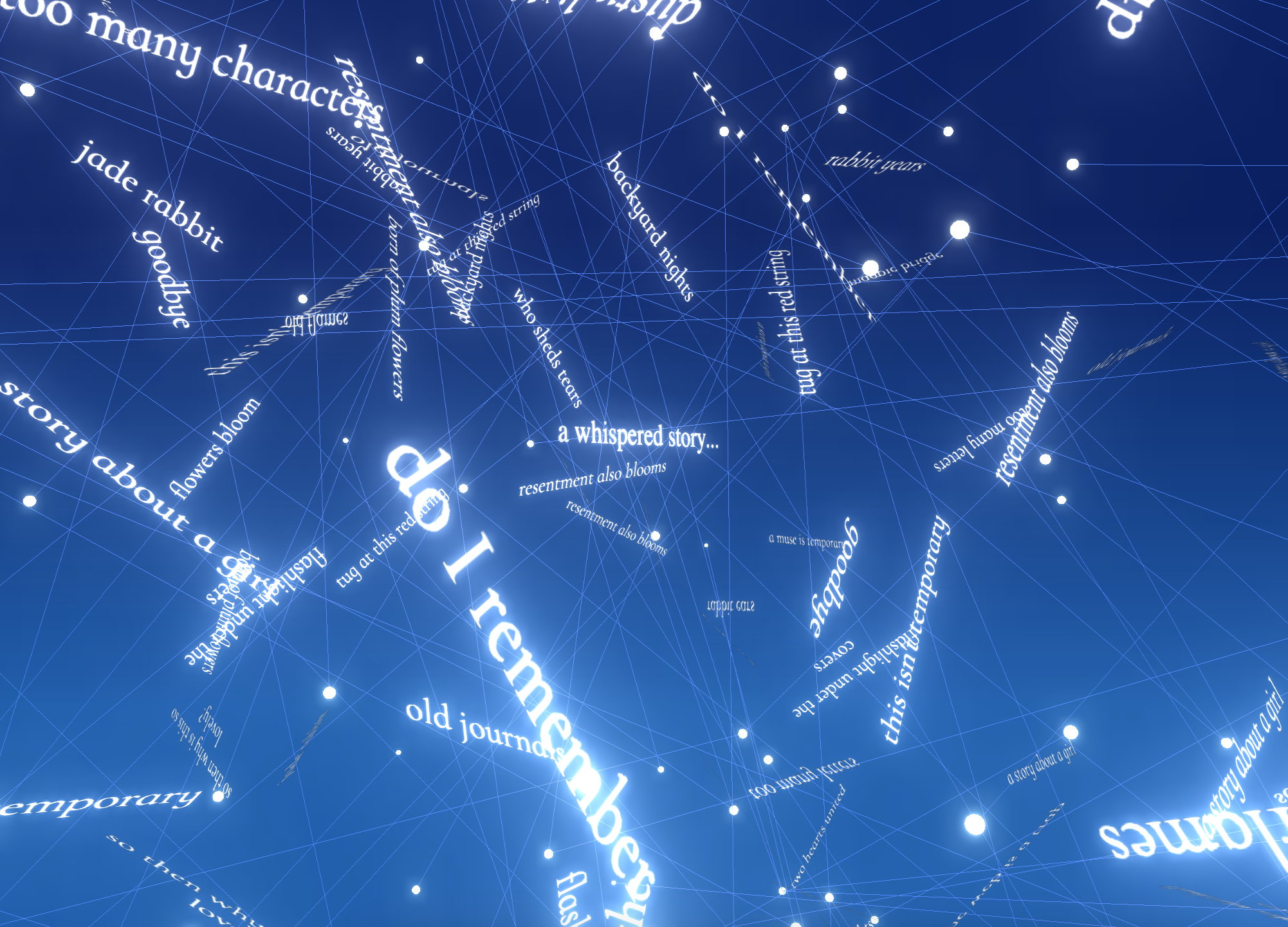 a blue gradient background with glowing white nodes and links between them like constellations. glowing words sit on the links to create a poem of different orientations.