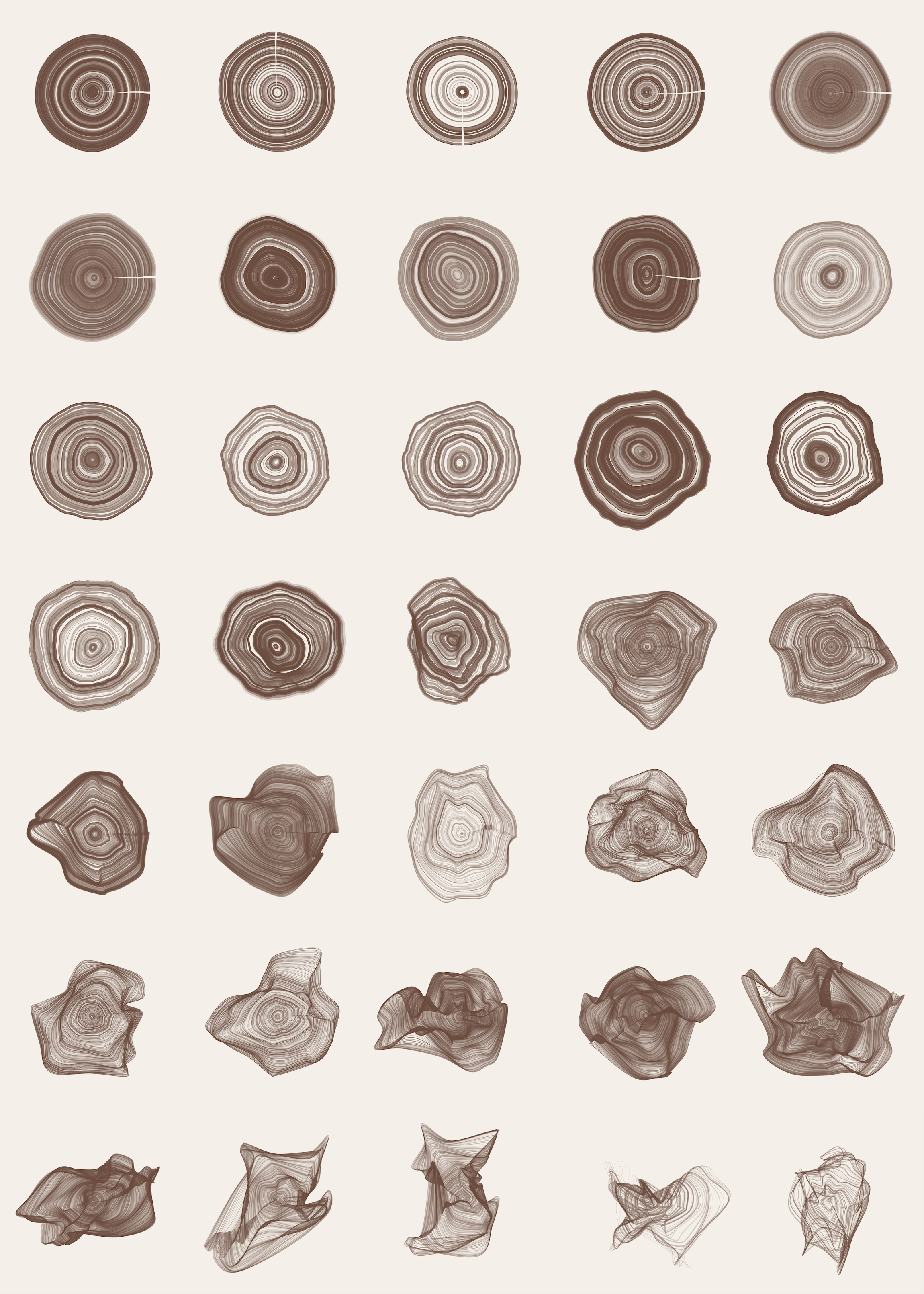 artwork of generated tree rings arranged in a grid