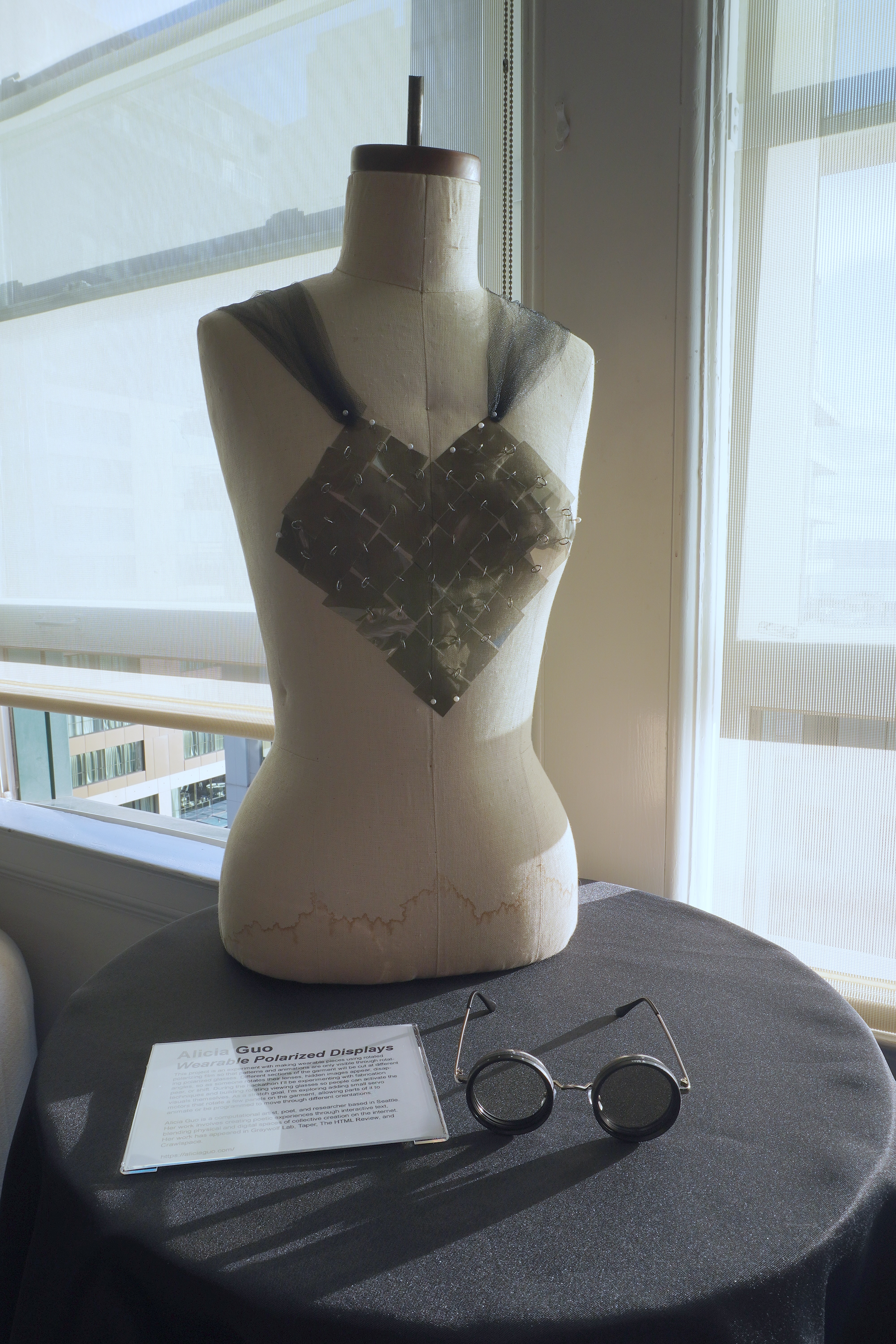 Wearable Polarizers dress on mannequin with polarizer glasses